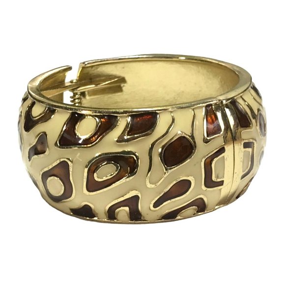 Wide Chunky Cheetah Leopard Enamel Gold Tone Metal Clamper Bracelet Brown Ivory - Picture 5 of 5